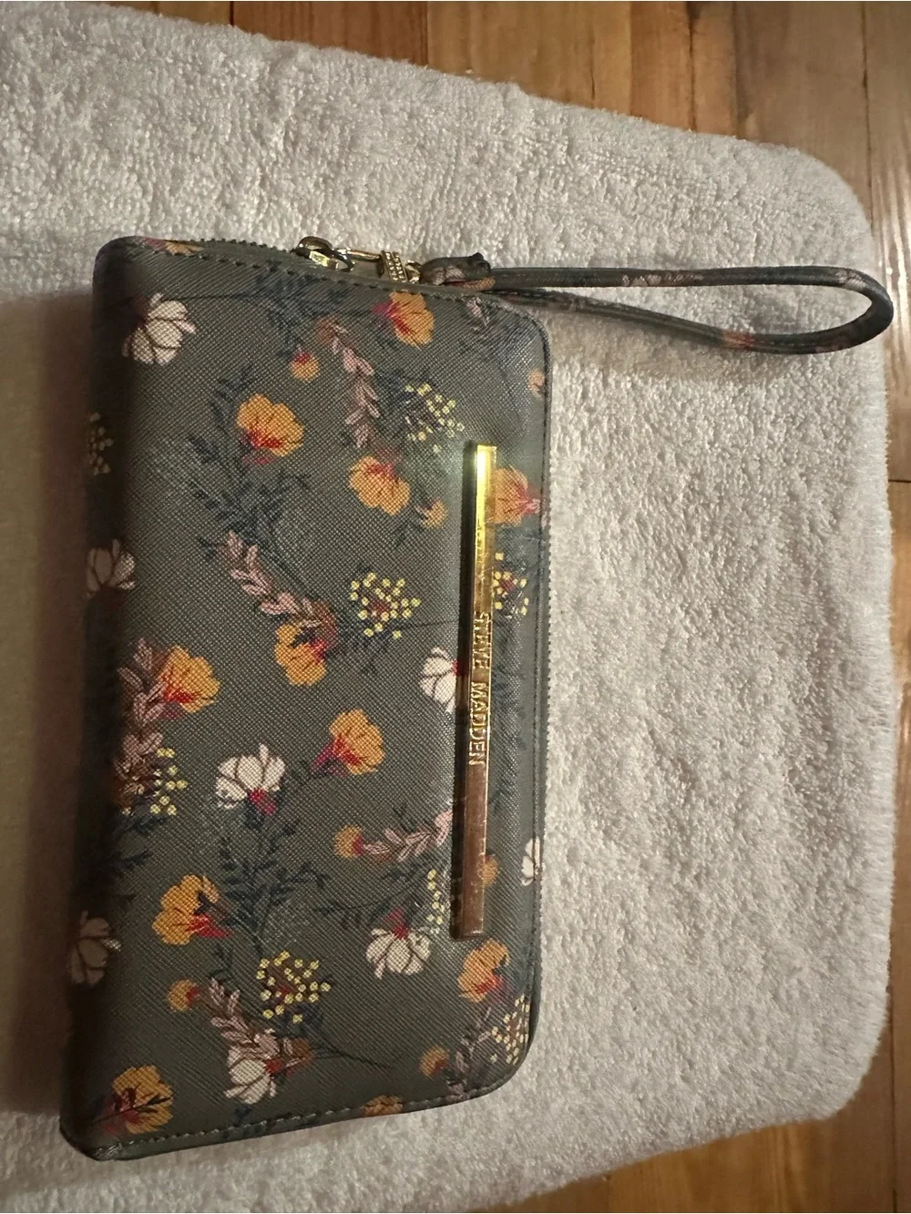 Steve Madden Floral Wristlet Clutch in Gray with Yellow, White, and Pink Accents